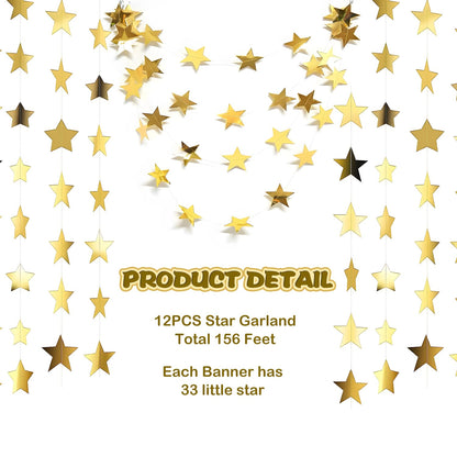 YUQILIN 158 Feet 12 PCS Glitter Gold Star Garland Banner Decoration, Reflective Sparkle Little Star Paper Hanging Decor Double Side Star Streamer Bunting for Party Wedding Christmas Birthday Festival
