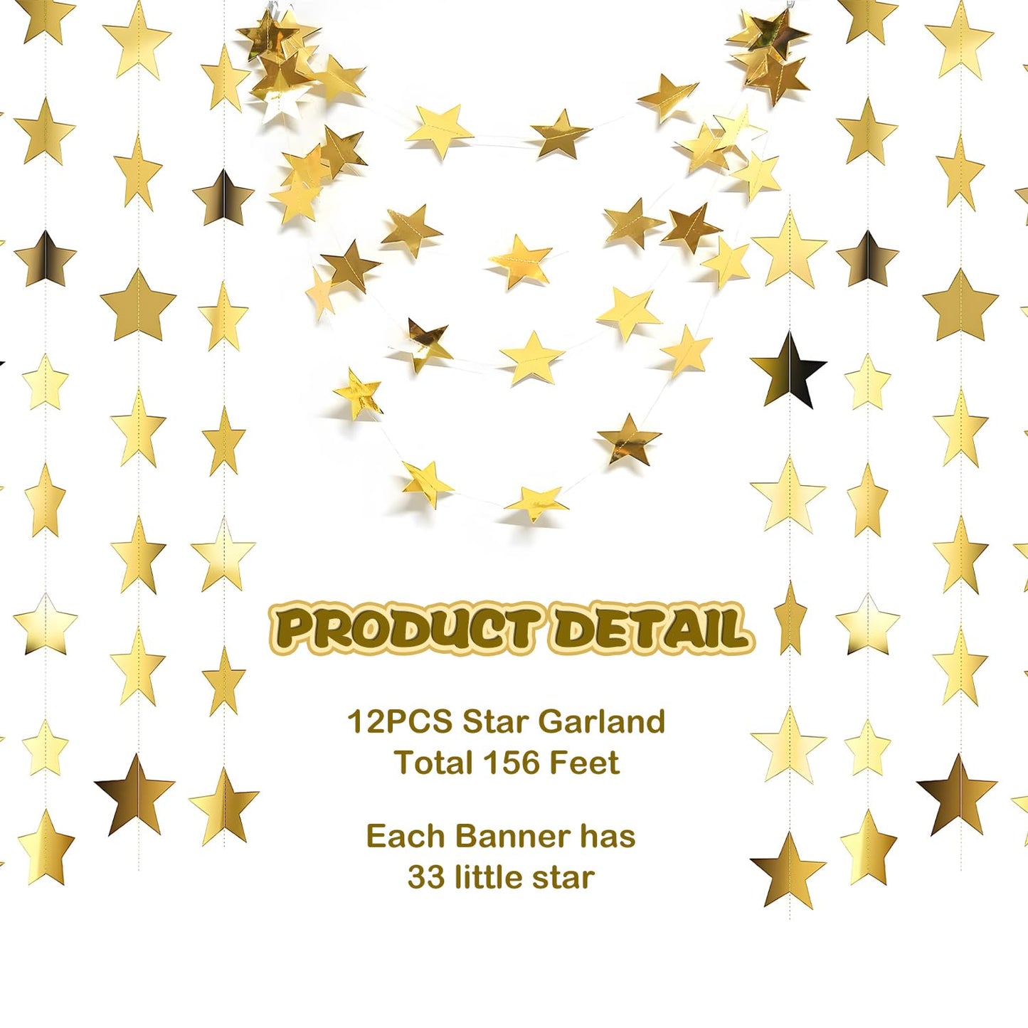 YUQILIN 158 Feet 12 PCS Glitter Gold Star Garland Banner Decoration, Reflective Sparkle Little Star Paper Hanging Decor Double Side Star Streamer Bunting for Party Wedding Christmas Birthday Festival