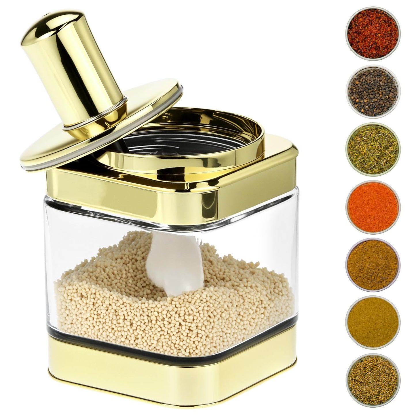 QWORK Glass Condiment Jars with Spoon, 2 Pack 12oz Spice Containers with Gold Lid, Sugar Dispense, Kitchen Containers, Seasoning Box Set for Sugar, Salt, Coffee, Flour & Kitchen Storage