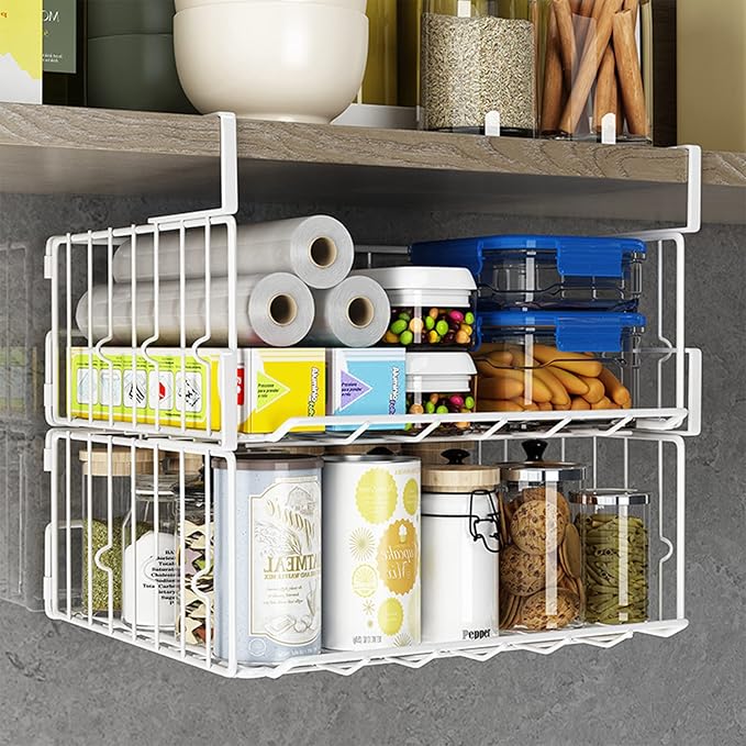 Hanging Under Shelf Storage Basket, 2 Pack Foldable Under Cabinet Metal Desk
