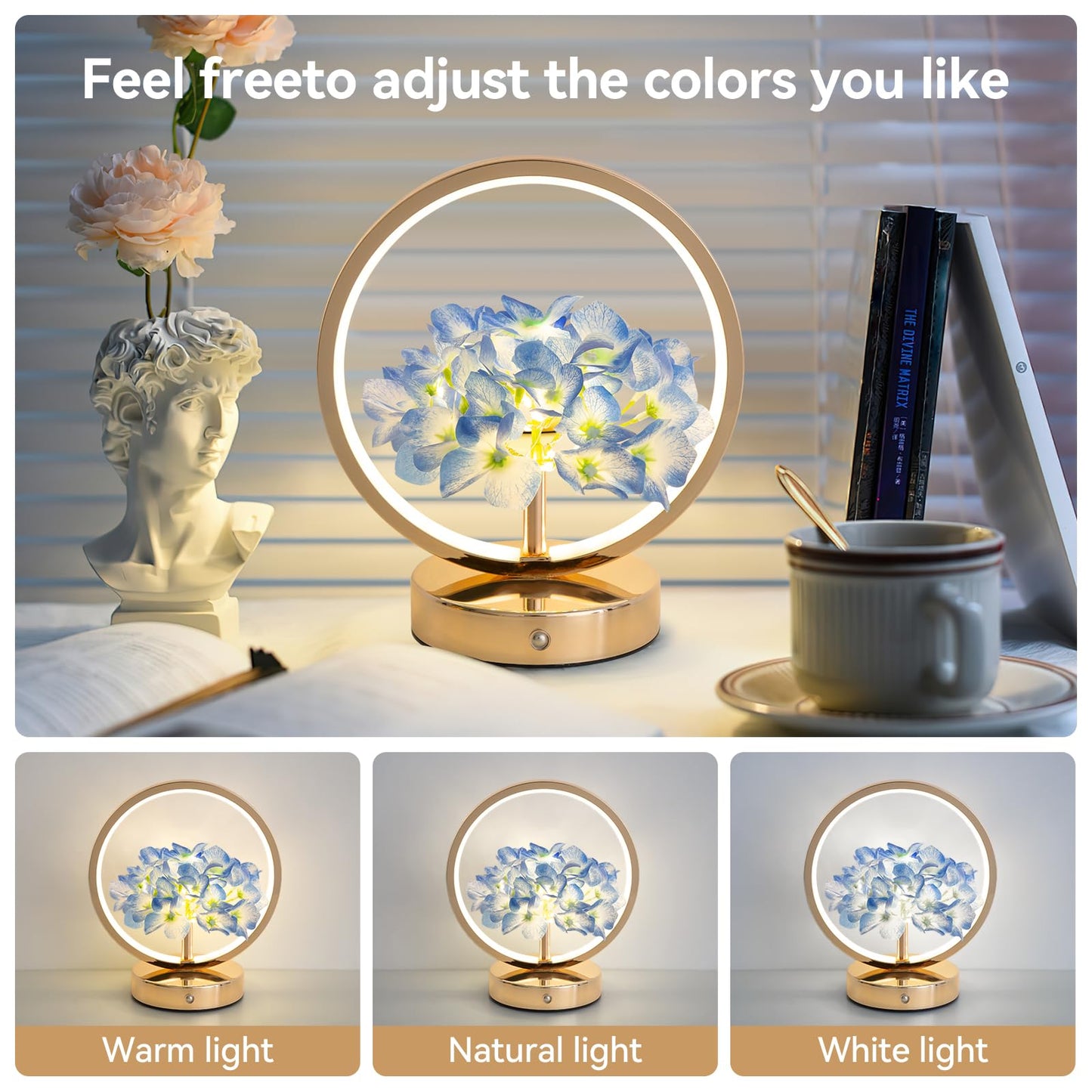 JHXLAMP Birthday Gifts for Women Mom,Hydrangeas Flower Touch Lamp,Rechargeable Cordless 3 Way Dimmable Small Night Light for Bedroom,Living Room,Office Home Decor Thank You Gifts for Festival-Blue