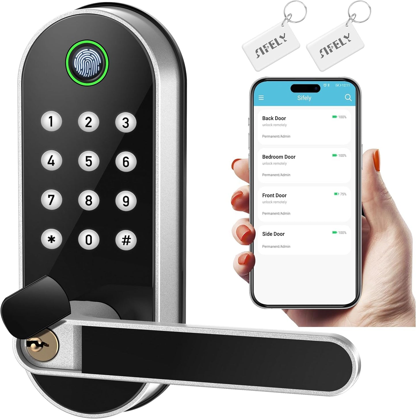 Keyless Entry Fingerprint Smart Lock with Handle & Keypad: Sifely Biometric Digital Electronic Lock with Code, Electric Deadbolt Door Knob for Front, Interior, Exterior & Bedroom Doors (Black)