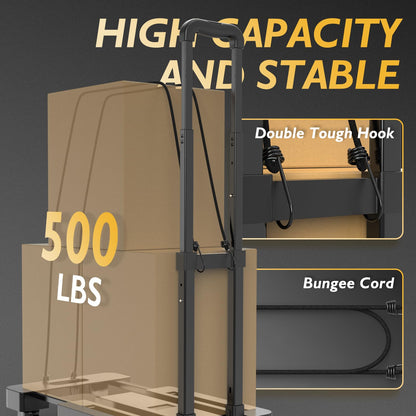 TOOLIOM Folding Hand Truck, 500 lbs Heavy Duty Foldable Luggage Cart with 6 Wheels & 2 Elastic Ropes, Portable Collapsible Dolly Cart with Extendable Base