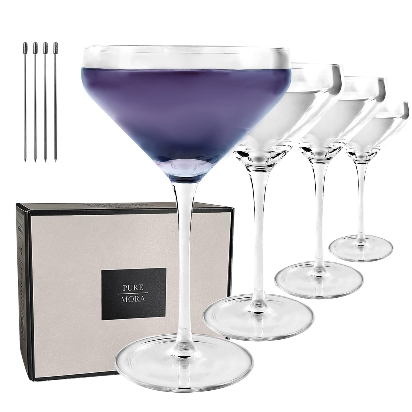 MORA PURE The Remy Coupe - Set of 4, 8oz Handblown Premium Crystal Martini Glasses for Cocktail, Gin & Tonic, Cosmopolitan, Manhattan, Bar, Fancy Mixology, etc. Modern Angle Drinking Glassware