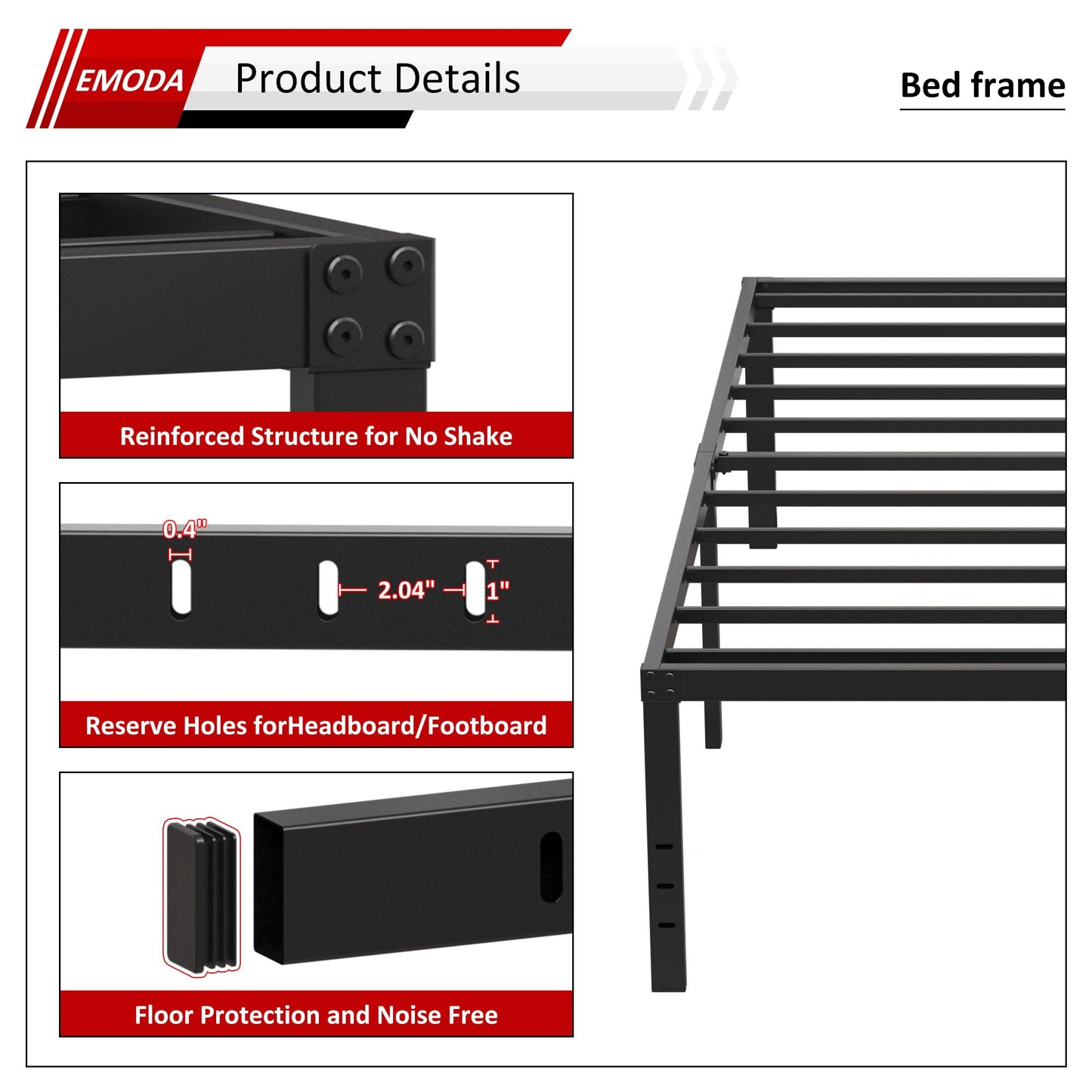 EMODA 20 Inch Queen Bed Frame No Box Spring Needed Heavy Duty Metal Tall Platform Bed Frame Queen Size with Large Storage Space, Easy Assembly, Black