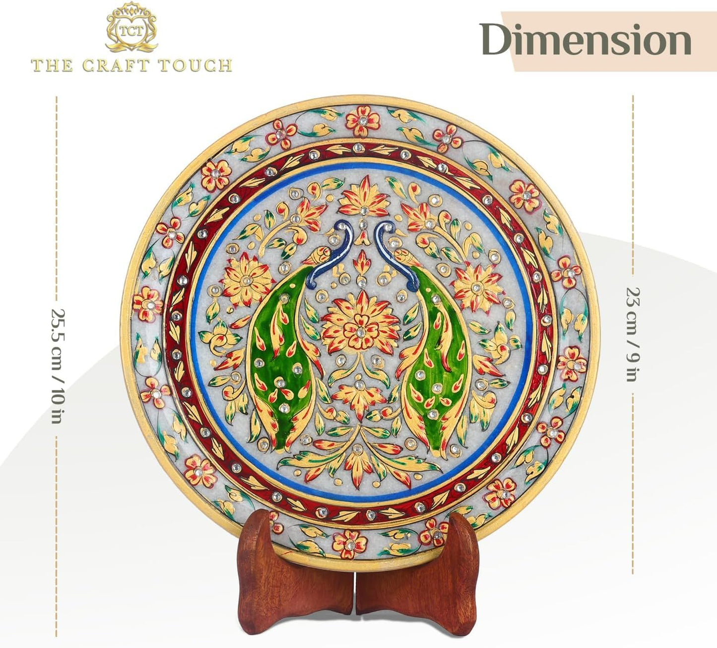 Handcrafted Marble Decorative Art, 9 Inch – Hand-Painted Gold Peacock & Floral , Indian Art Display Accent for Living Room, Entryway & Office & Housewarming Gift (Royal Peacock With Velvet Box)