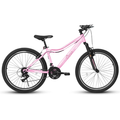 HIWORK Mountain Bike 26 Inch, High Density Carbon Steel Frame Girls Bike with 21-Speed Front Suspension Dual V-Brakes, Bike for Teenagers Girls Womens Bicycle | Pink