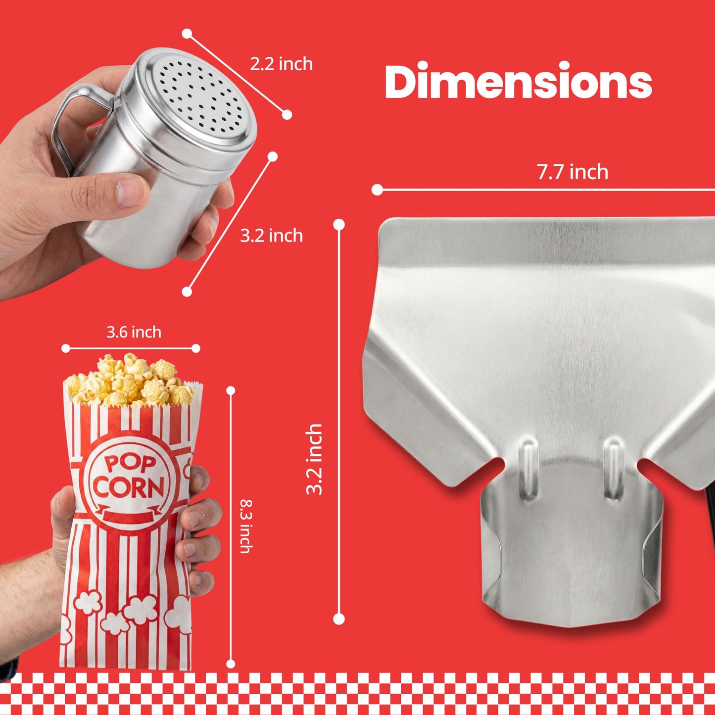 Scoopset Popcorn Scoop Set with Salt Shaker & 10 Popcorn Bags, Stainless Steel Popcorn Scoop for Popcorn Machine, Popcorn Scooper, French Fry Scoop Bagger Shovel