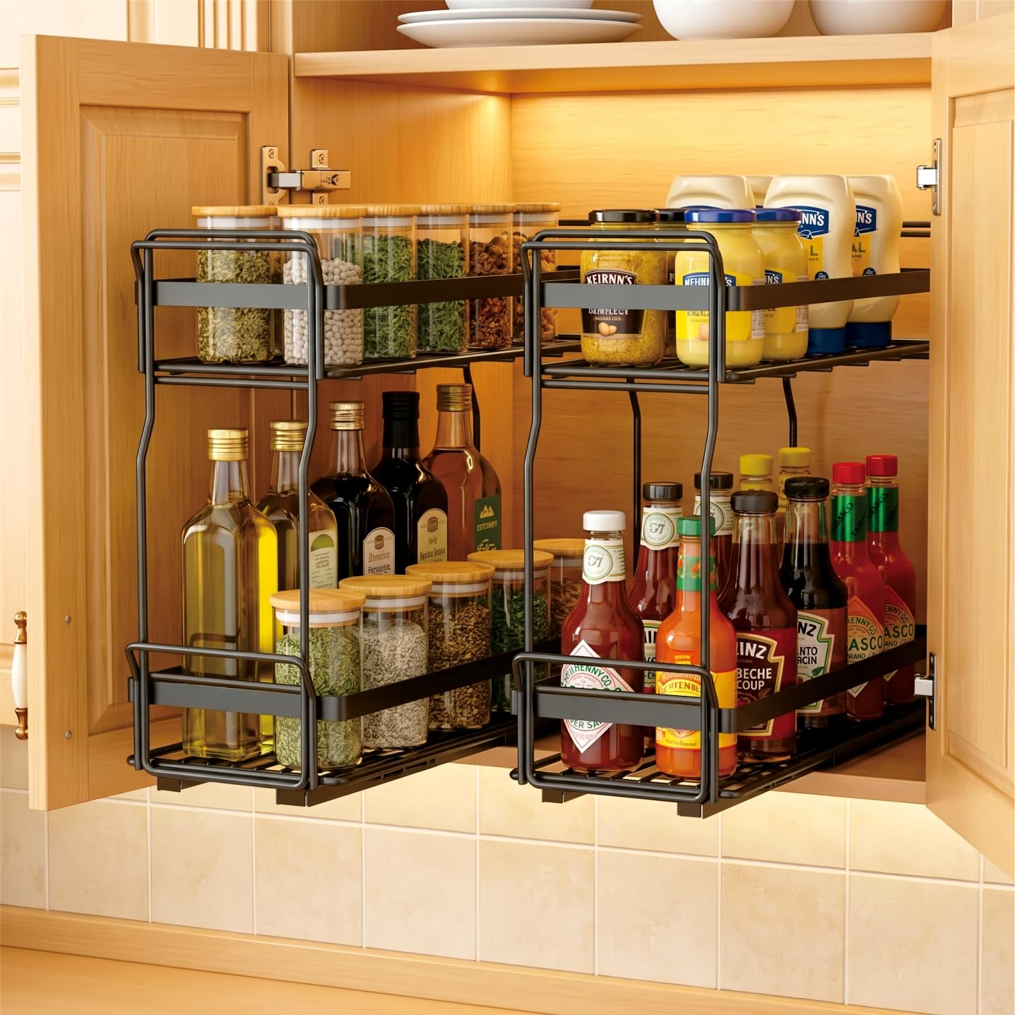 WOAHKIT 2 Pack Pull Out Spice Rack Organizer for Inside Kitchen Cabinets, Heavy Duty Slide Out Seasoning Kitchen Organizer, 2 Tier Vertical Sliding Seasoning Organizer, 10.5" D x 5.1" W x 9.6" H