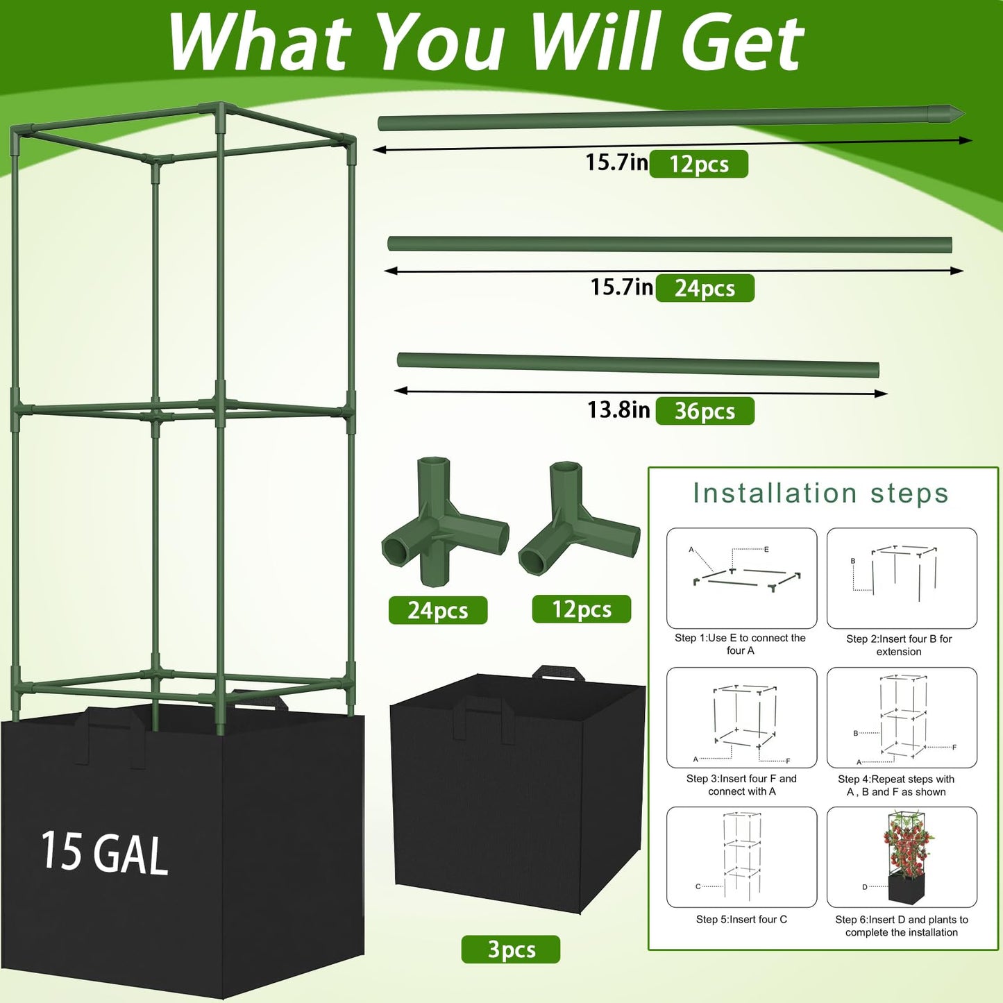 Tomato Cages for Garden, Tomato Planter with Trellis, 48in Tall Square Tomato Trellis with 18 Gallon Grow Bags, Patio & Balcony, Metal Tomato Cage for Tomatoes Cucumbers Peas Climbing Plants, 3 Pack
