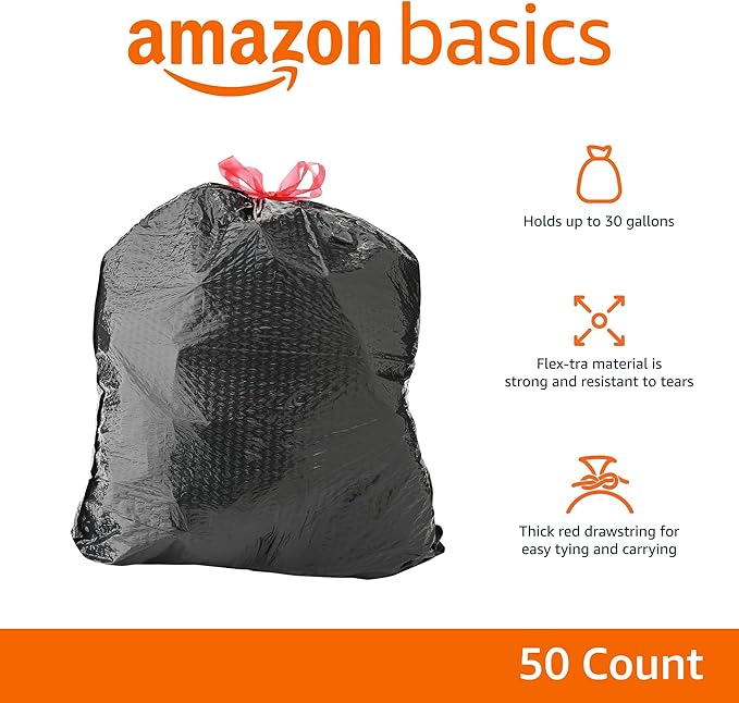 Amazon Basics Flextra Multipurpose Drawstring Trash Bags, 30 Gallon