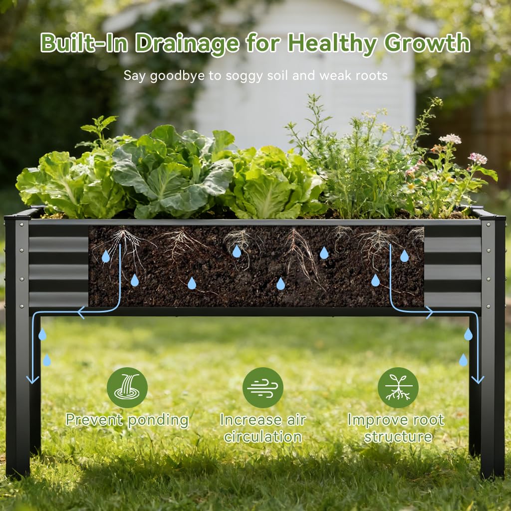 COMHOMA 2 Pack Raised Garden Bed with Legs 4x2x2.5ft,Large Elevated Galvanized Metal Planter Box with Drainage Holes,Outdoor Growing Kit with Gloves Tools for Backyard Patio Lawn,Black