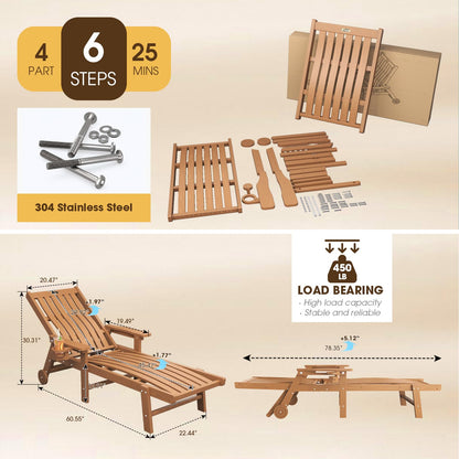 THOEOE Patio Chaise Lounge Chair, Oversized Lounge Chair Outdoor with 5 Positions, 78″ Long, HDPE, Patio Lounge Chair with Wheels & Cup Holder for Pool, Deck, Poolside,Wood