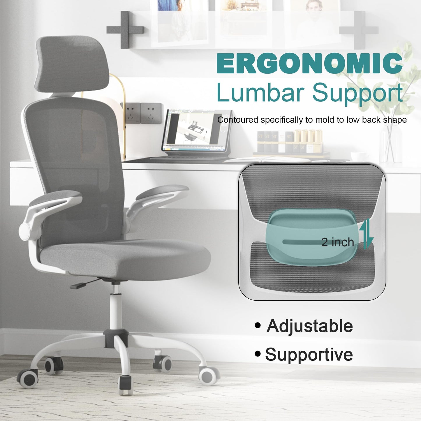 Mimoglad Office Chair, High Back Ergonomic Desk Chair with Adjustable Lumbar Support and Headrest, Swivel Task Chair with flip-up Armrests for Guitar Playing