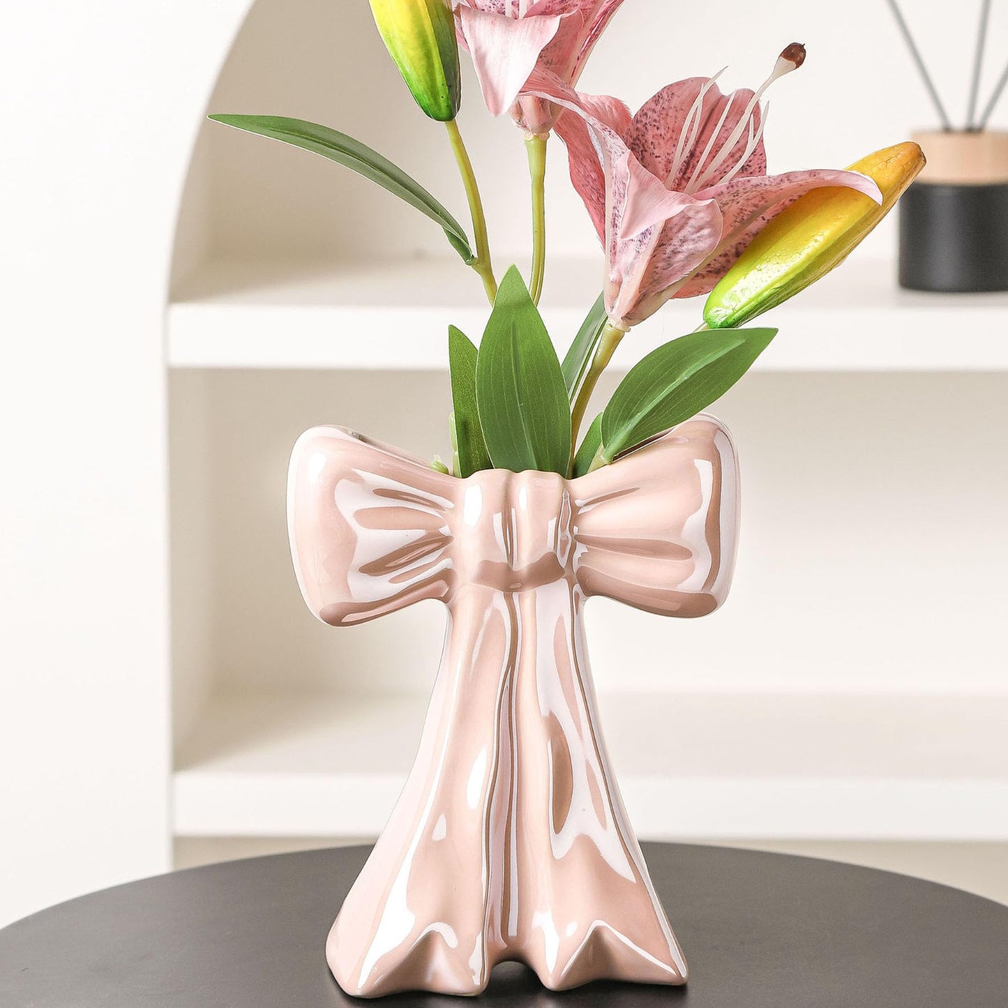 Disoza Bow Vase Pink Vase Ceramic Cute Decorative Flower Tulip Farmhouse Dazzling Modern Home Decor Pampas Grass for Table Bathroom Shelf
