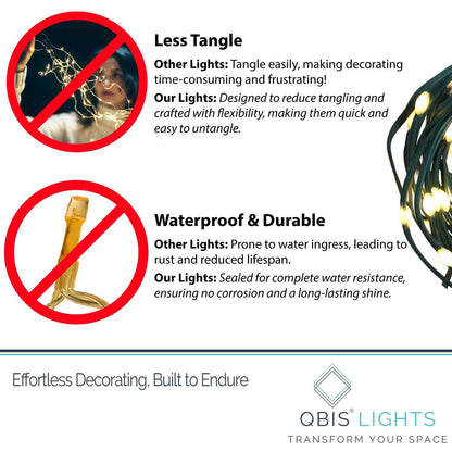 QBIS Outdoor Christmas Lights - Fairy Lights Battery Operated with Small Warm White LEDs, Green Wire, Multifunction, 6hr Timer, Indoor/Outdoor Battery Operated String for Wreath, Garland or Tree