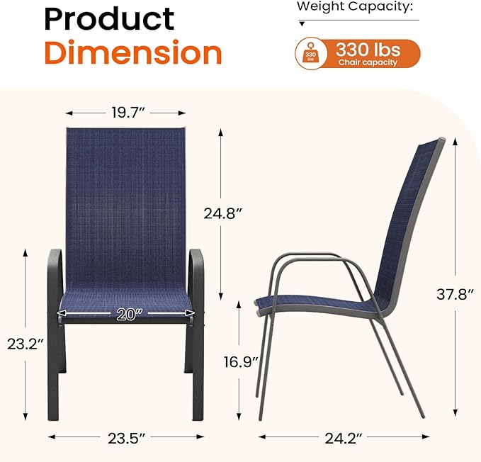 JEAREY Patio Dining Chairs Set of 4, Outdoor Stackable Dining Furniture Set, All Weather Dining Set for Lawn, Garden, Backyard, Poolside, Navy Blue