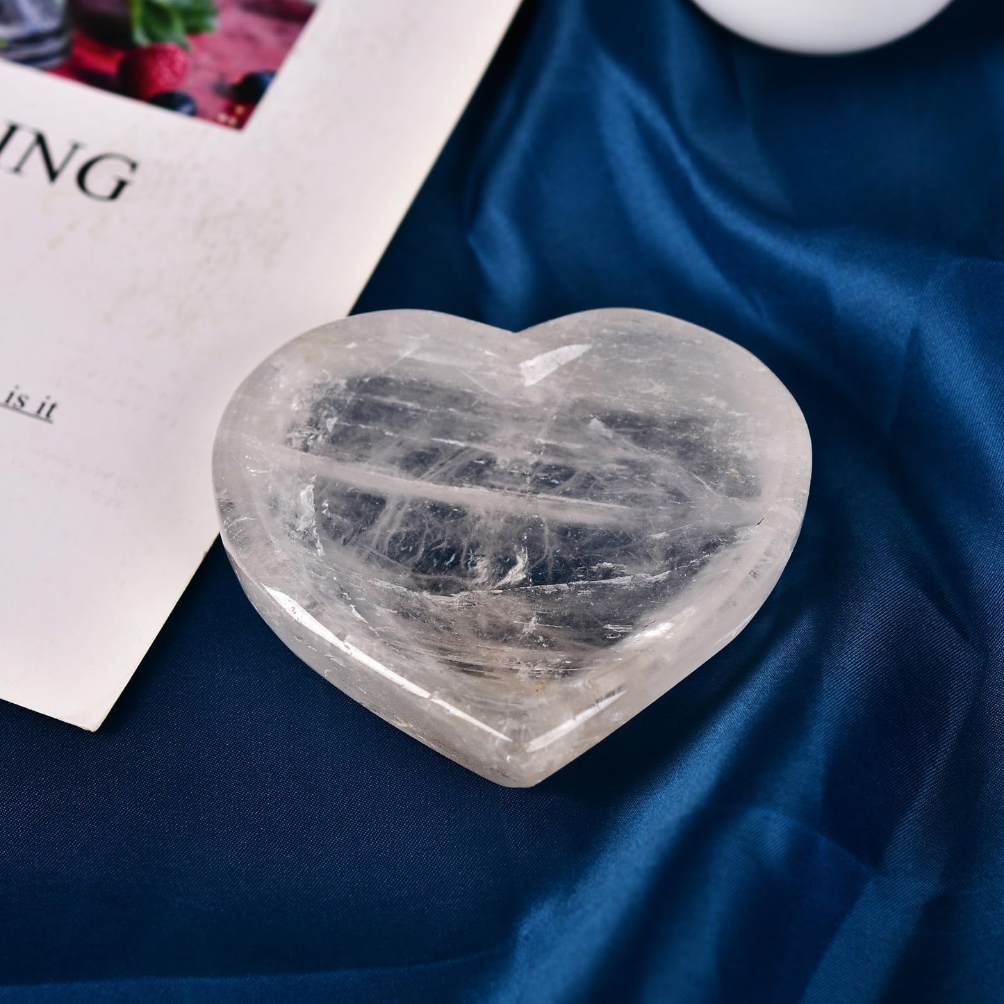 JIC Gem Clear Quartz Crystal Bowl Hand Carved Heart Shape Decorative Bowl Jewelry Tray Home Decor or Gift