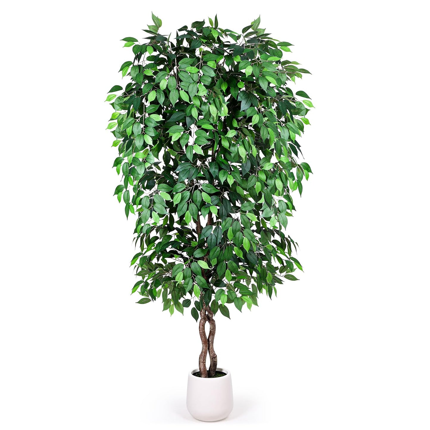 Jocoevol 7FT Artificial Ficus Tree, Tall Faux Trees Indoor with White Planter, Dried Moss, Natural Silk Leaves & Trunk, Fake Plants for Home Living Room Office Corner Decor Housewarming Gift