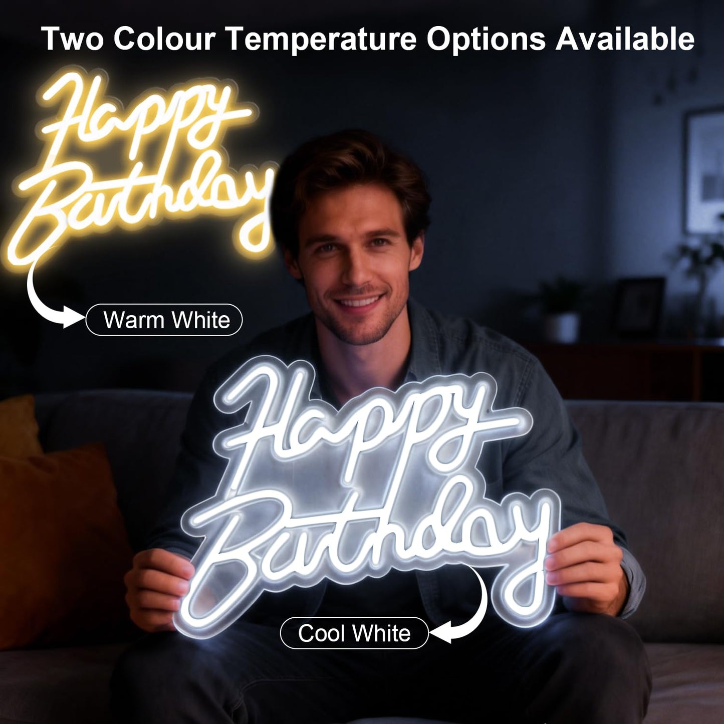 Miootly Happy Birthday Neon Sign for Wall Party Decor, LED Happy Birthday Light up Sign for Backdrop, 16"x 11" USB Powered 10 Brightness Settings Light up Signs Party Decorations Backdrop, Cool White