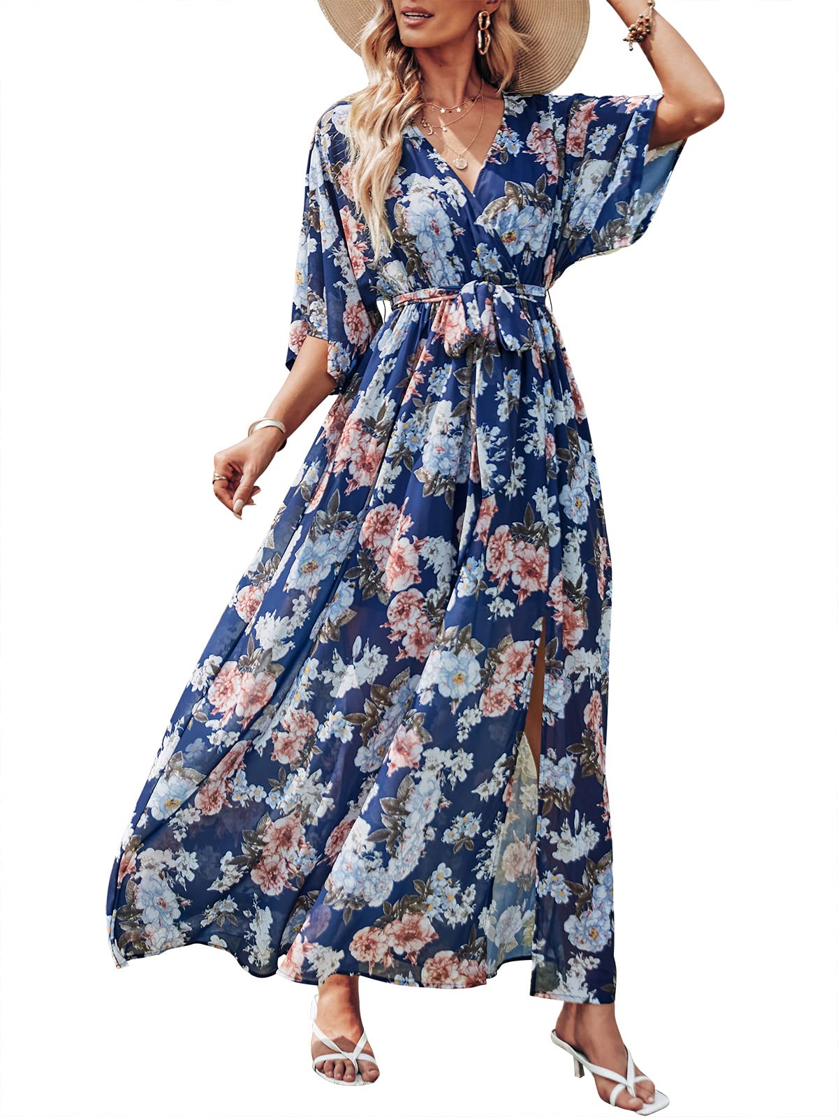 ANRABESS Womens 1/2 Sleeve Beach Wedding Guest Maxi Dresses 2025 Fall Wrap V Neck Boho Floral Flowy Slit Long Summer Dresses