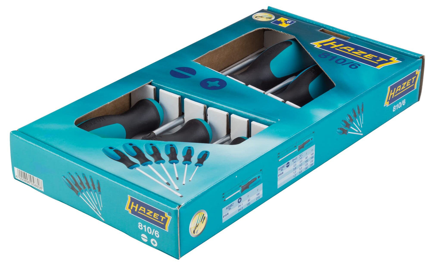 HAZET Screwdriver Set 810/6 I 6-Piece Tool Set, Drive: Slotted and Phillips Profile, Non-Slip Hazet 3-Component Handle, High Power Transmission for Manual Operation