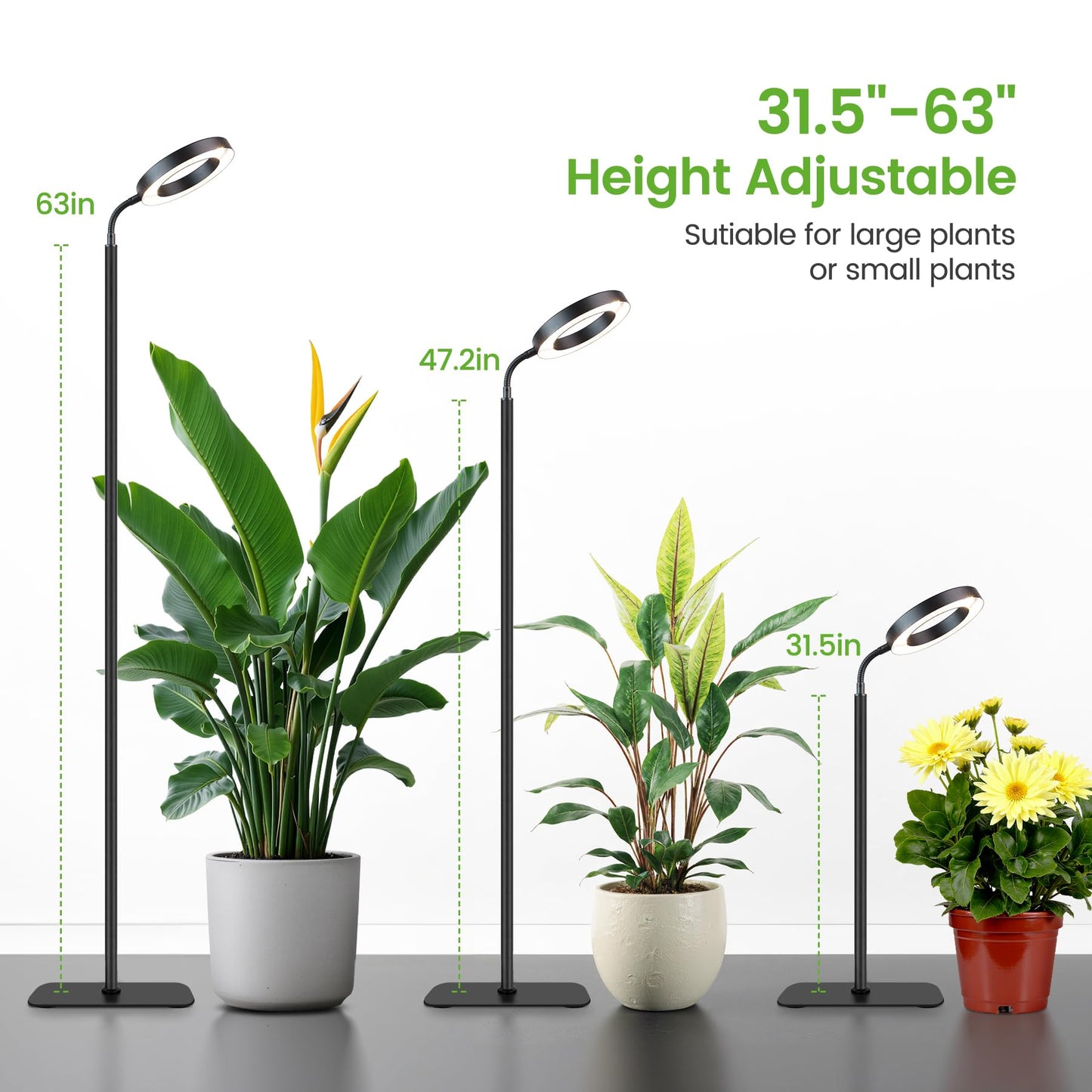 MistyJungle Grow Lights for Indoor Plants,Floor Lamp with 63IN Stand,Full Spectrum,10 Dimming,Halo Ring Warm Light, 3/9/12H Timer,Height Adjustable,Metal Stable Base Growing Light for Tall Small Plant