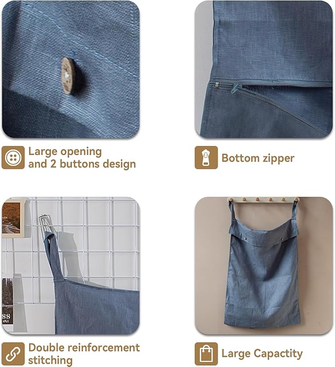 100% Linen Hanging Laundry Hamper Bag 20x27 Inch, Over the Door