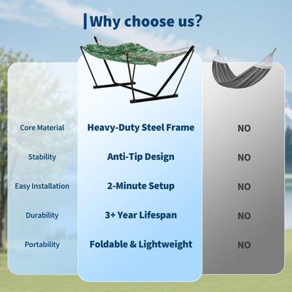 Double Hammock with Stand for Outdoor Use – 2-Person Portable Hammock with Curved Spreader Bar & Balance Ropes, Heavy Duty 450 LBS Capacity for Backyard, Patio & Camping, Green