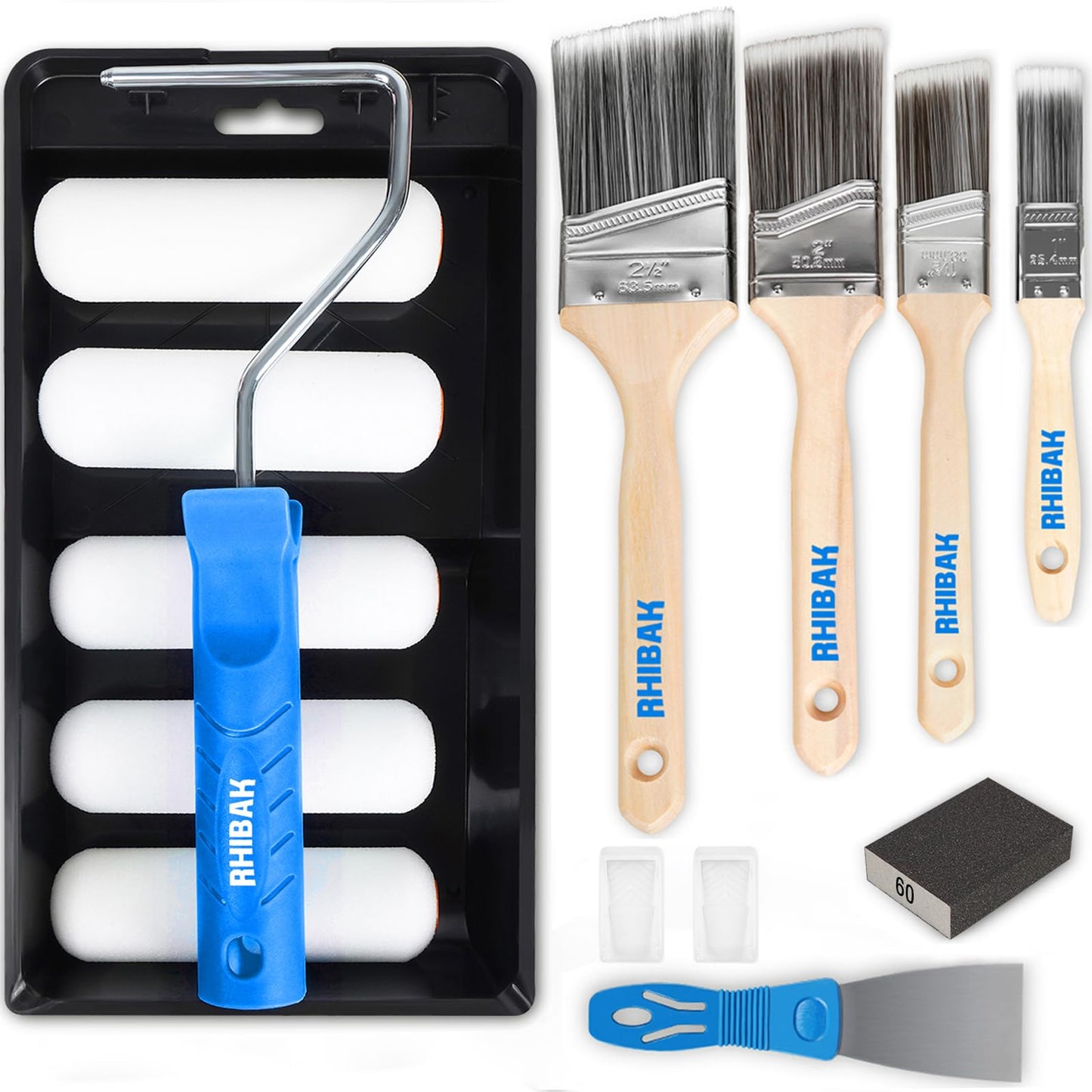 Rhibak Paint Roller Kit, Paint Brushes and 4 Inch Foam Small Paint Roller Set, All in One Paint Tools for Professional or Home Owners for Professional Painting Results