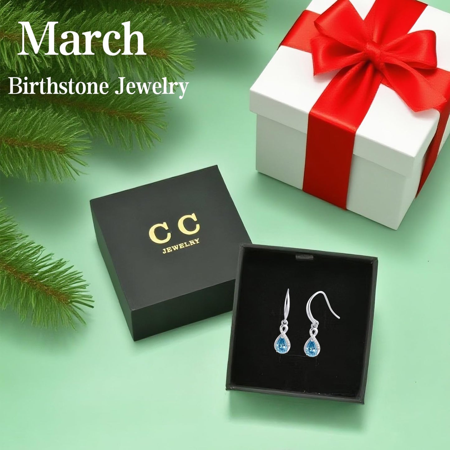 Infinity Birthstone Earrings 18K White Gold Plated 925 Sterling Silver Teardrop Infinity Drop Dangle Earrings March Birthstone Jewelry Birthday Gifts for Women Her Mother Wife