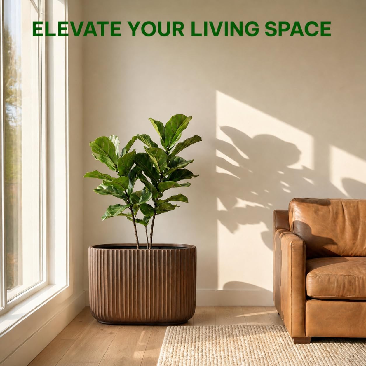 Wil & Vic 89s 15" H x 24" L Sirius Fiberglass Planter, Round Indoor and Outdoor Plant Pot with Drainage Hole, Lightweight, Durable Minimalist Home, Included 2 Extra Coco Mats, Rust