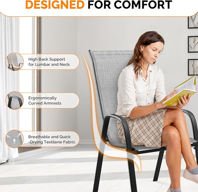 VINGLI Patio Chairs Set of 6 – Stackable Outdoor Dining Chairs with Comfortable Sling High Back Chairs and Armrests for Lawn, Poolside, Courtyard, Balcony, Garden, Silver Gray