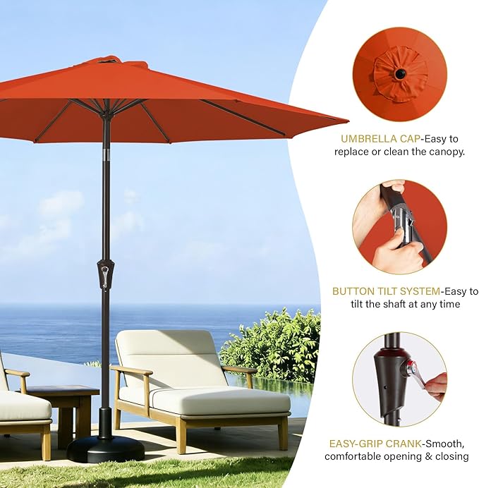MEWAY 9ft Patio Umbrella Outdoor Table Umbrellas with Push Button Tilt and Crank, Market Umbrella 8 Sturdy Ribs for Deck, Garden, Pool and Backyard, Orange