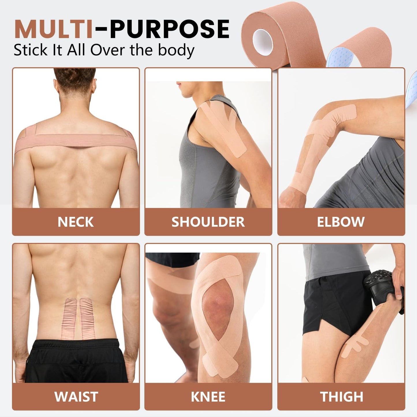 5 Rolls Kinesiology Tape, 2 inch x 16.4 Feet Waterproof Athletic Tape, Uncut Kinetic Tape, Muscle Tape, Sports Tape, Knee Tape for Exercise and Daily Use - Skin Color