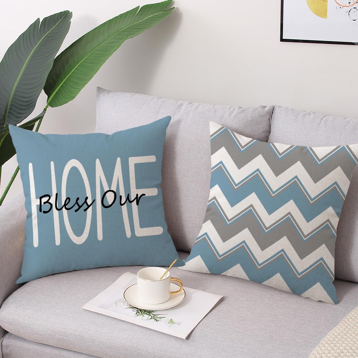 Coeufuedy Blue Outdoor Waterproof Throw Pillow Covers 18 x 18 Set of 4 Floral Geometric Bless Our Home Love Lives Here Decorative Cushion Case for Patio Furniture Bedroom Sofa Couch