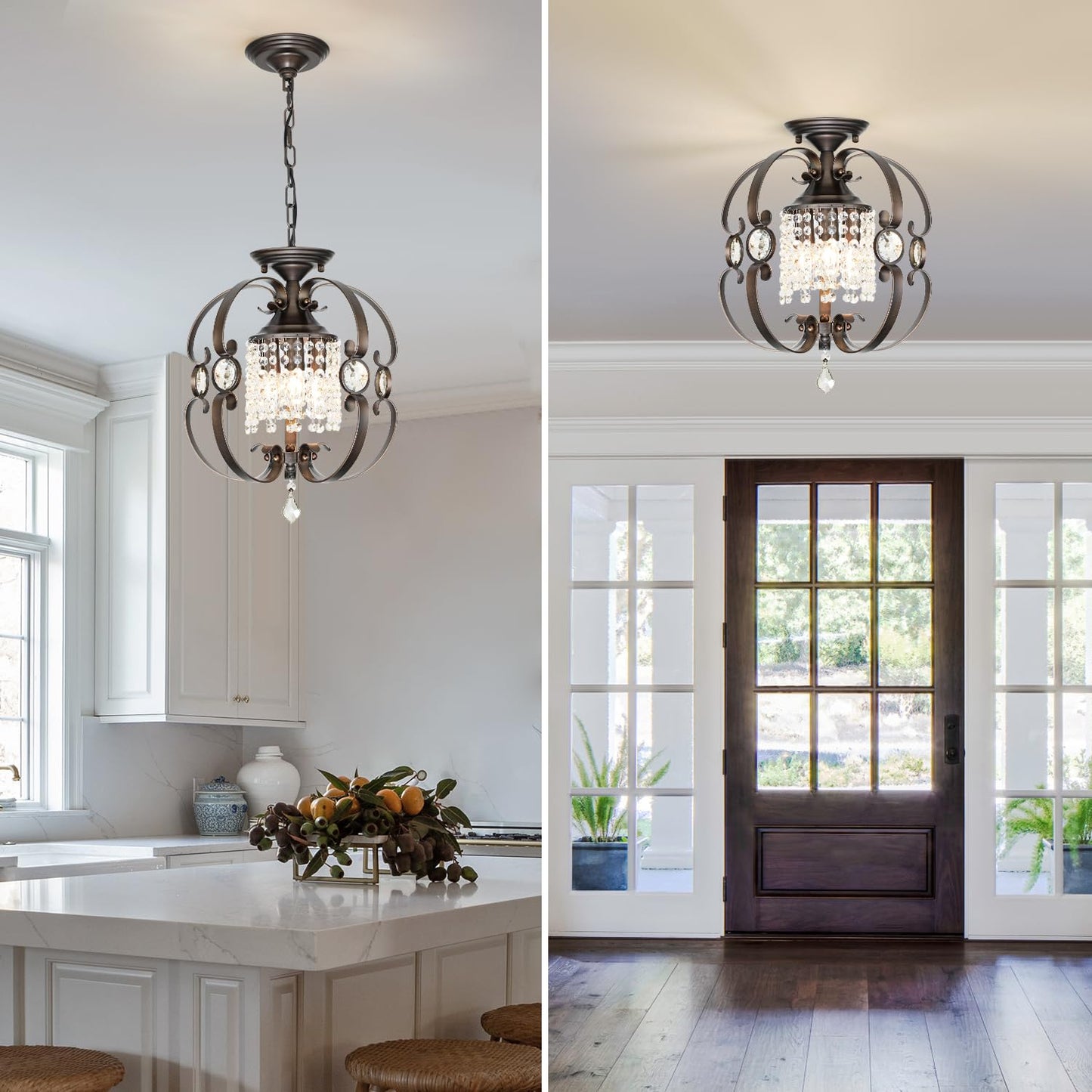 Leyodnpe Bronze Crystal Chandeliers for Dining Room, 3-Light 14 Inch Flush Mount Ceiling Light Fixture,Vintage Hanging Pendant Lighting for Kitchen Island,Living Rooms, Foyer