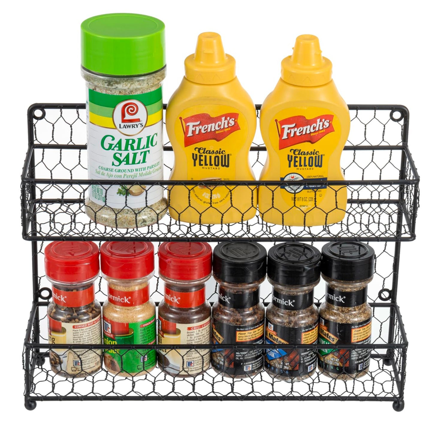 MyGift® Farmhouse Style Metal Wire Spice Rack - Wall Mount or Kitchen Countertop 2-Tier Seasoning Jar Storage Organizer, Black