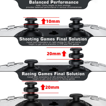 PlayRealm NO Falling Off Thumbstick Extender & Silicone Grip Cover 2 Sets for PS5 & PS4 Controller (Turbo Black)