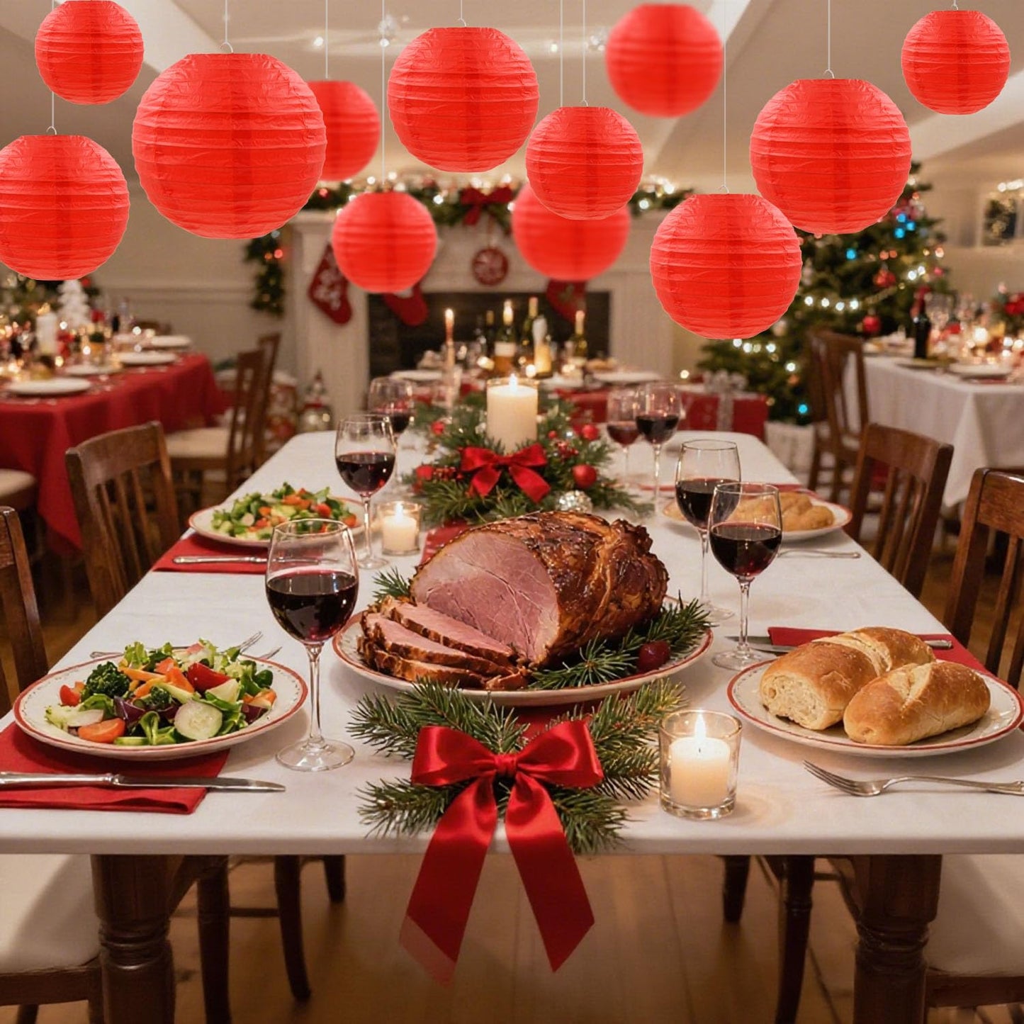 12 Pcs Red Paper Lanterns Round Hanging Party Decorations for Wedding Anniversary Birthday Christmas New Year Party Supplies