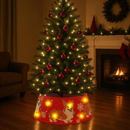 Dog Christmas Tree Collar Corgi Christmas Decor Red Tree Skirt with LED Light Ring Base Cover for Christmas Trees Decoration Holiday Indoor Outdoor