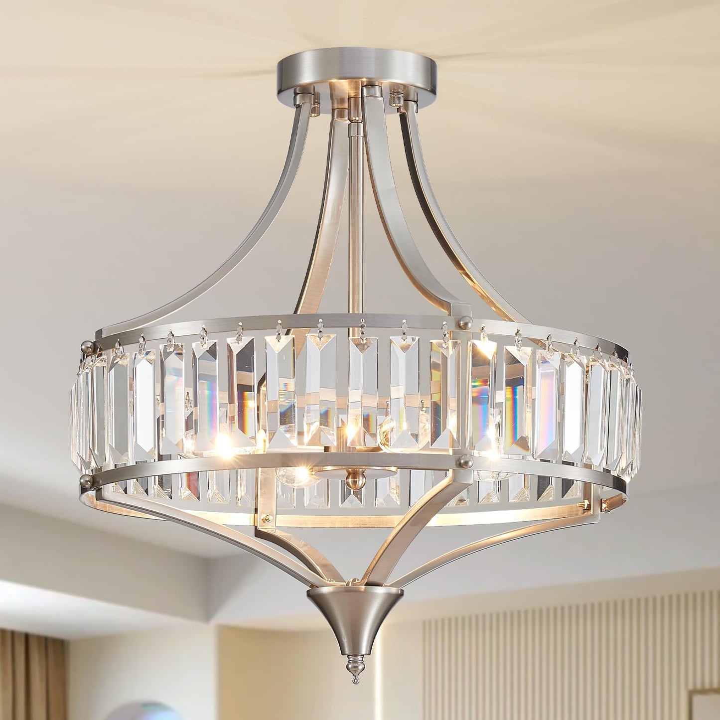 Cabvope Crystal Chandelier Ceiling Light Fixture, Modern Round Brushed Nickel Dining Room Chandeliers for Kitchen Hallway Bedroom Foyer, 16 Inch Rustic Farmhouse Semi Flush Ceiling Light, 4-Light
