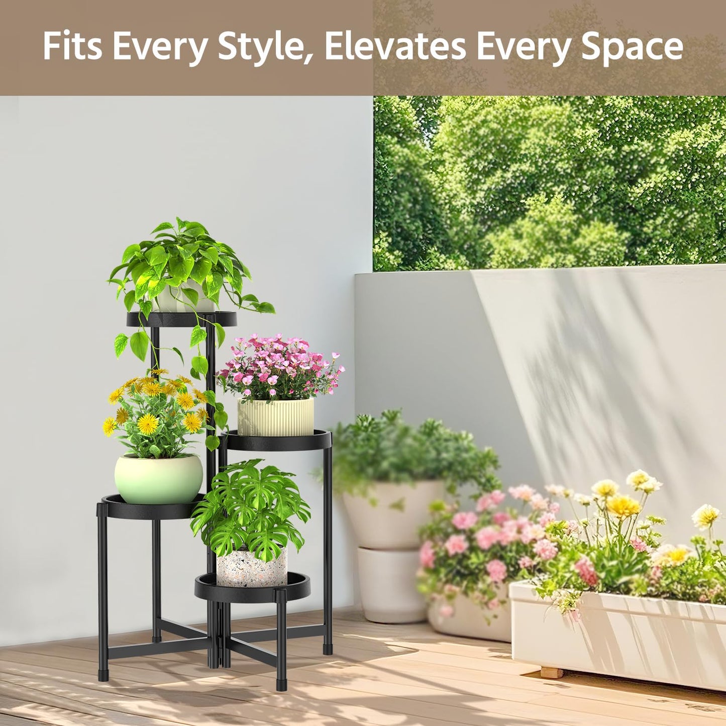 LASZOLA 4 Tiered Plant Stand Indoor Outdoor with Plastic Tray, Corner Folding Tall Flower Display Rack, Modern Plant Holder Shelf for Outdoor Patio Porch Garden Office Living Room, Black