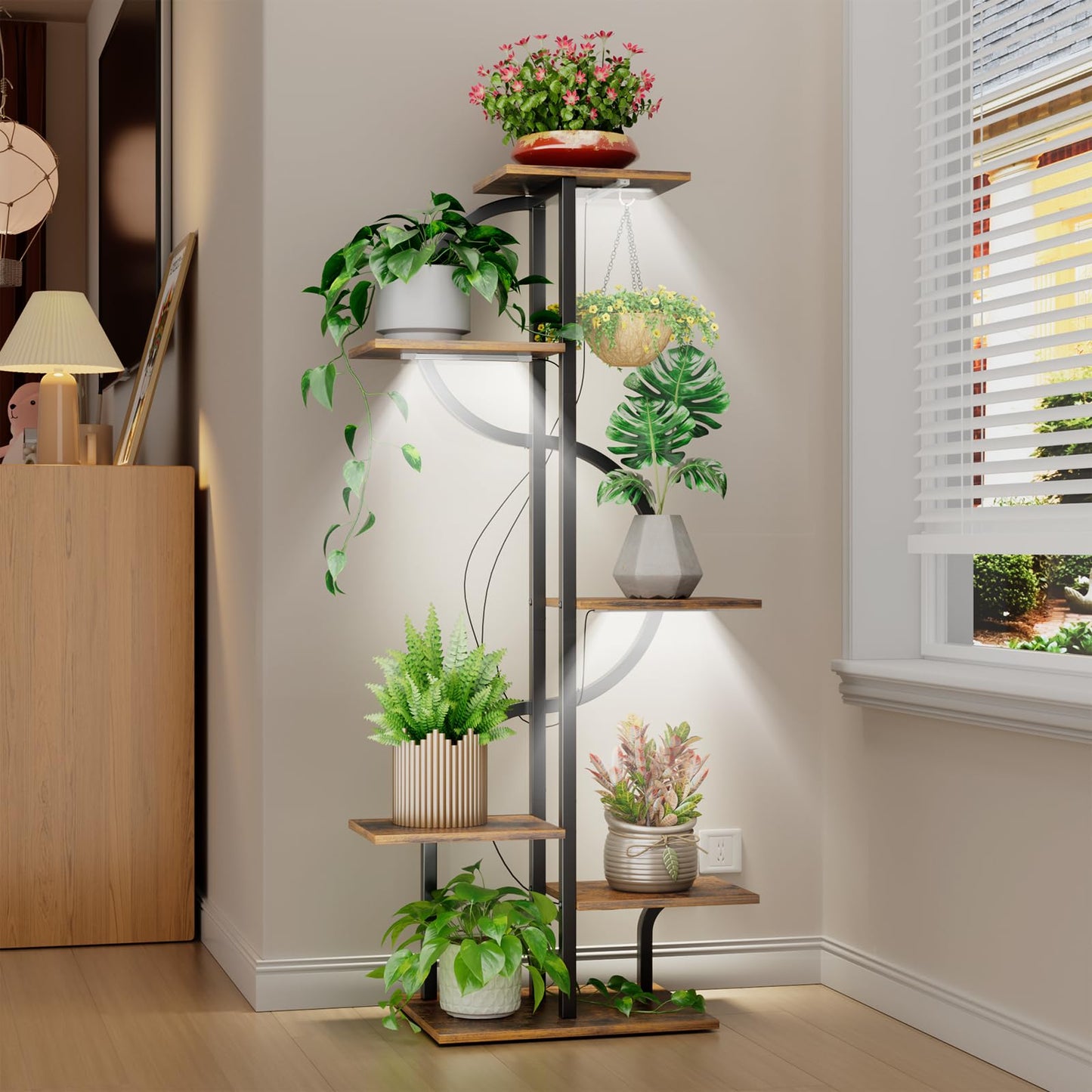 REFGY 6-Tier Tall Plant Stand with Hanging Hook, Multi-Tiered Vertical Flower Pot Holder for Indoor Outdoor, Heavy Duty Metal Plant Shelf for Corner, Living Room, Balcony, Patio, Rustic Brown