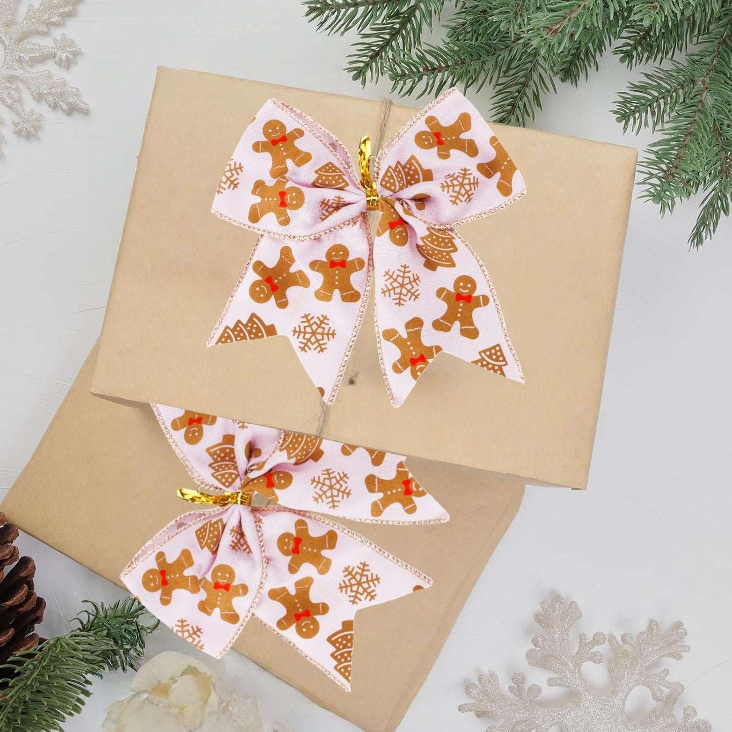 Meseey 12 Pcs Gingerbread Bows 6 Inch Large Pink and White Christmas Wreaths Bows Ornament for Xmas Tree Garland Home Wedding Indoor Outdoor Party Decor (Pink Gingerbread)