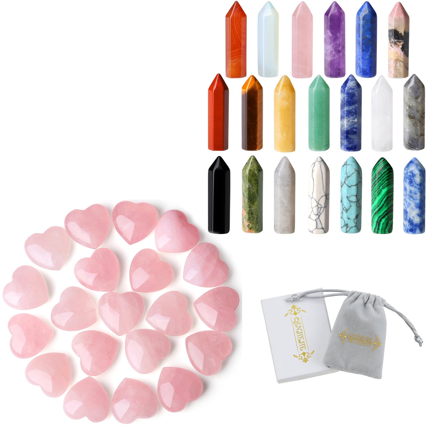20 PCS Rose Quartz Heart Crystals Stones Sets Wands Bulk Natural Pocket Amethyst Crystal Rose Quartz Assorted Pointed Reiki Gemstones Polished Energy Meditation Chakra Christmas Gift Stocking Stuffers
