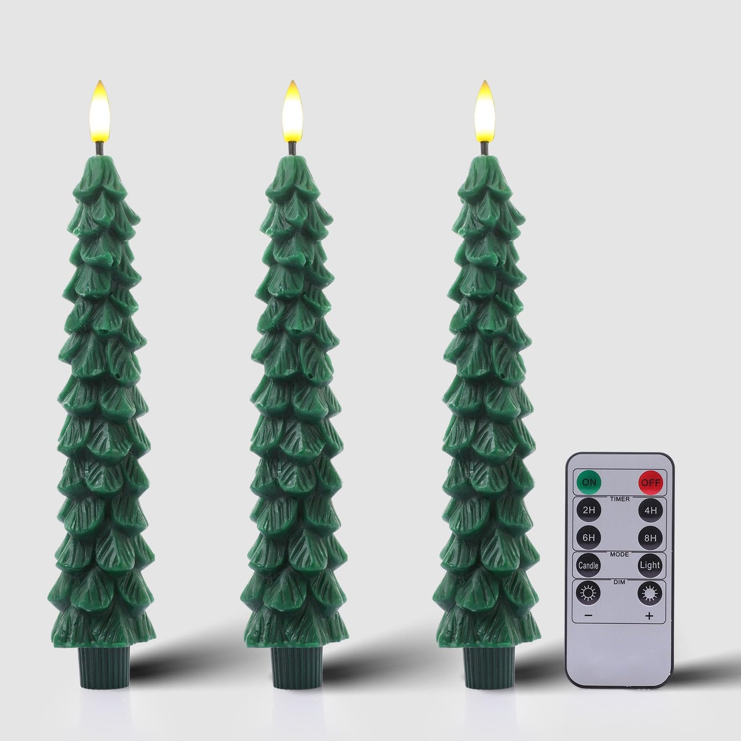KDVOG 3Pcs Christmas Tree Candles with Remote, Real Wax Flameless Taper Candles,LED Candlesticks Window Candlelights with 3D Flickering Flame for Xmas New Year Home Decorations Gifts 9.7 in