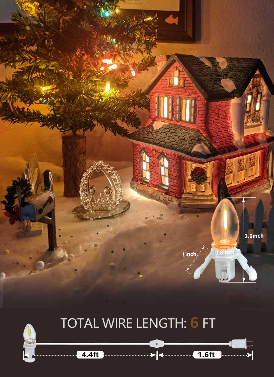 FUTIME Set of 4 Accessory Cord with One Led Light Bulb 6Ft Blow Mold Light IndoorString Lights, C7 Lamp with Spare Fuse for Halloween and Christmas Decorations, Craft Village House Decoration