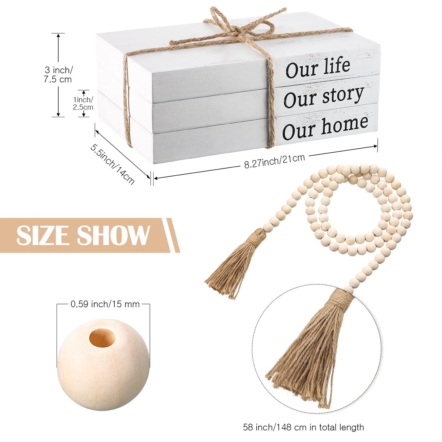 Jetec Decorative Books for Home Decor White Faux Farmhouse Stacked 3 Pieces Gift for Mother Teachers Friends Family for Coffee Tables Shelves with Wood Bead Tassels 58 Inch