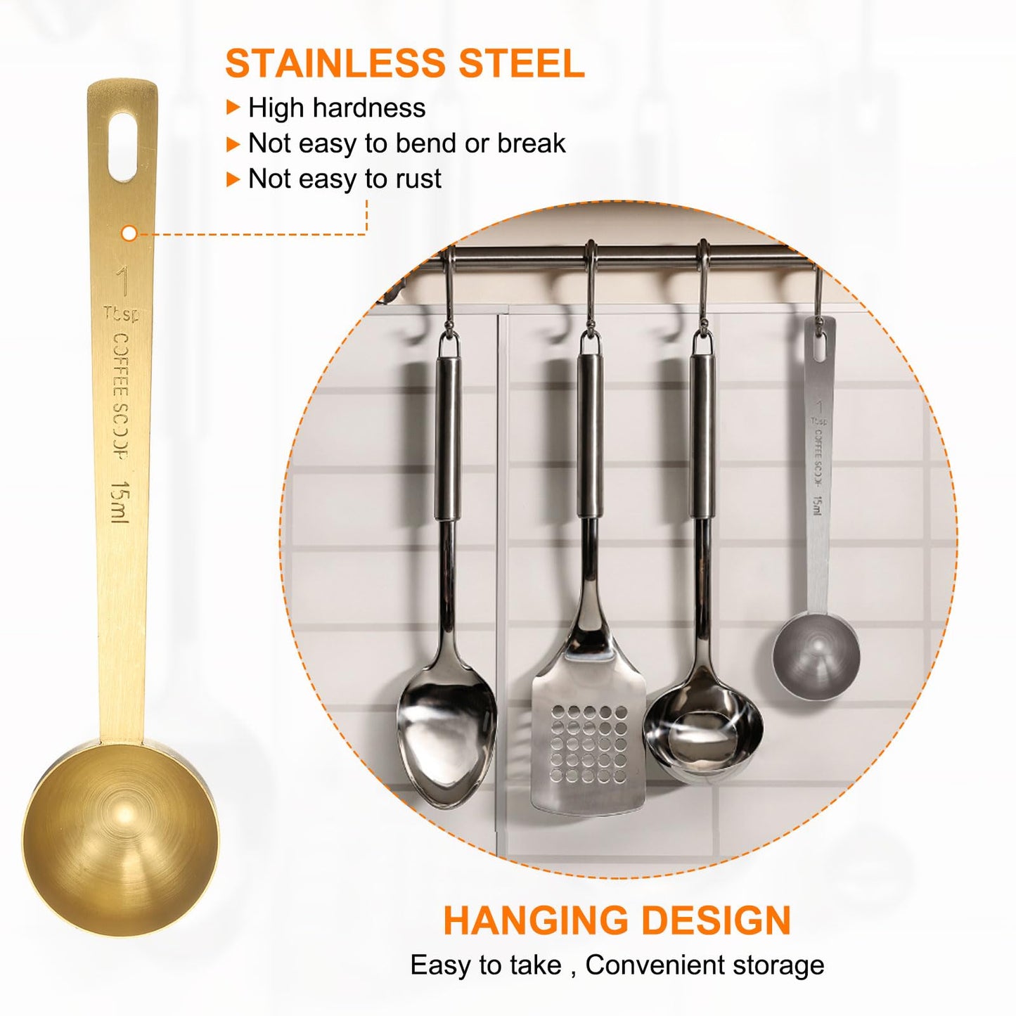 HARFINGTON 3pcs Coffee Scoop Spoon 1tbsp (3tsp, 15ml) 304 Stainless Steel Long Handle Teaspoon/Tablespoon Measuring Spoons Scoops for Tea Sugar Kitchen, Gold